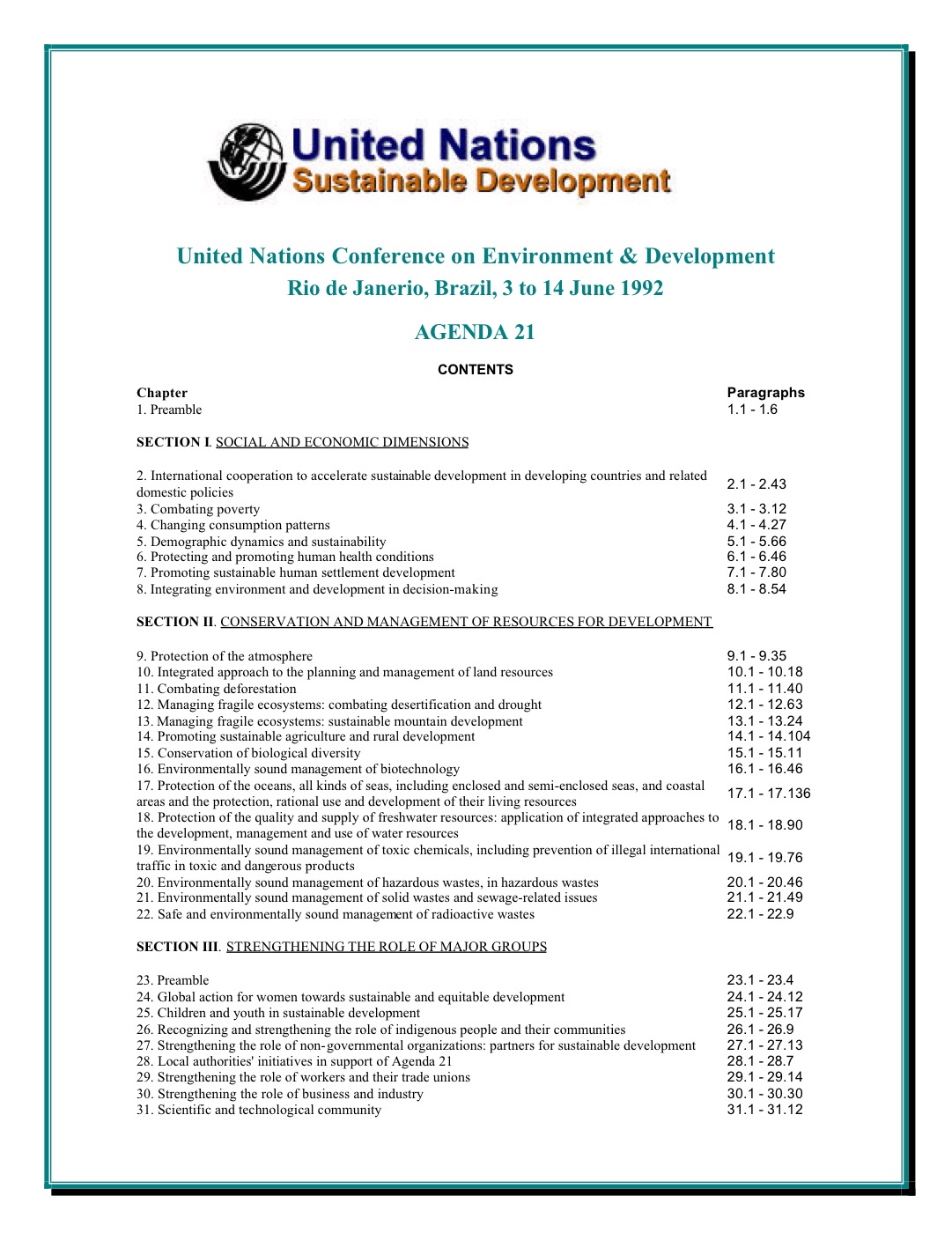 First page of the Agenda 21 document from the 1992 United Nations Conference on Environment and Development.